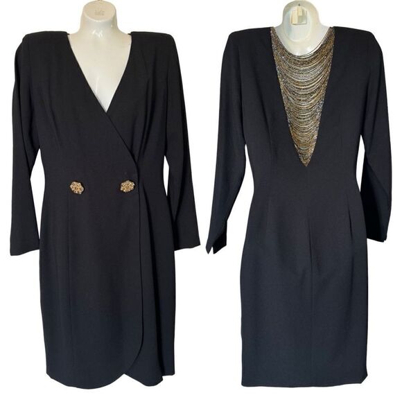 Vintage Morton Myles for Neiman Marcus Black Wrap Beaded Back Dress - Picture 1 of 14